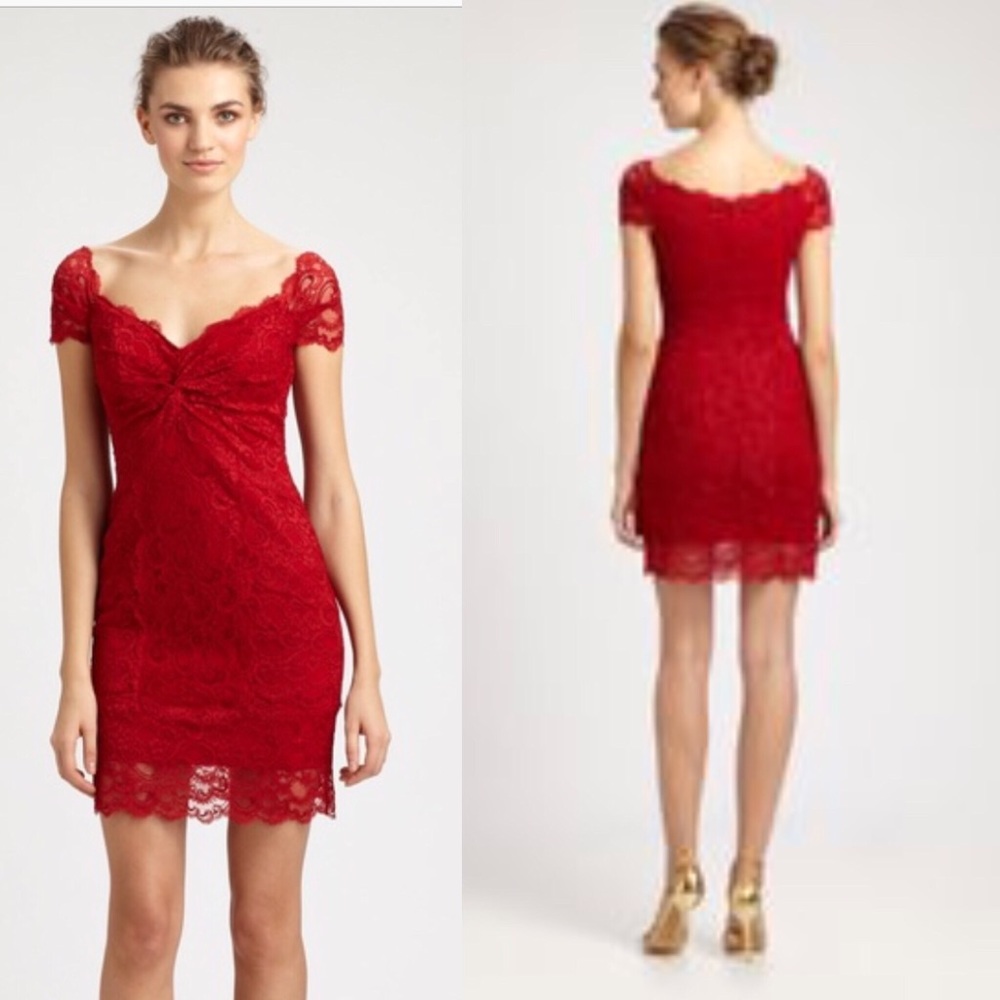 🔥NICOLE MILLER LACE OFF SHOULDER RED DRESS S - Picture 2 of 6